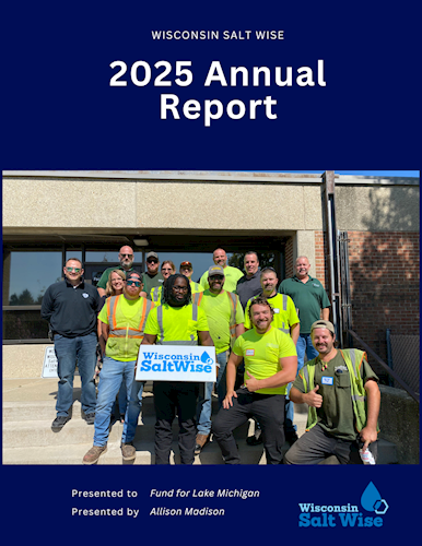Cover of Wisconsin Salt Wise 2025 Annual Report featuring a group of people in high-visibility workwear outside a building.